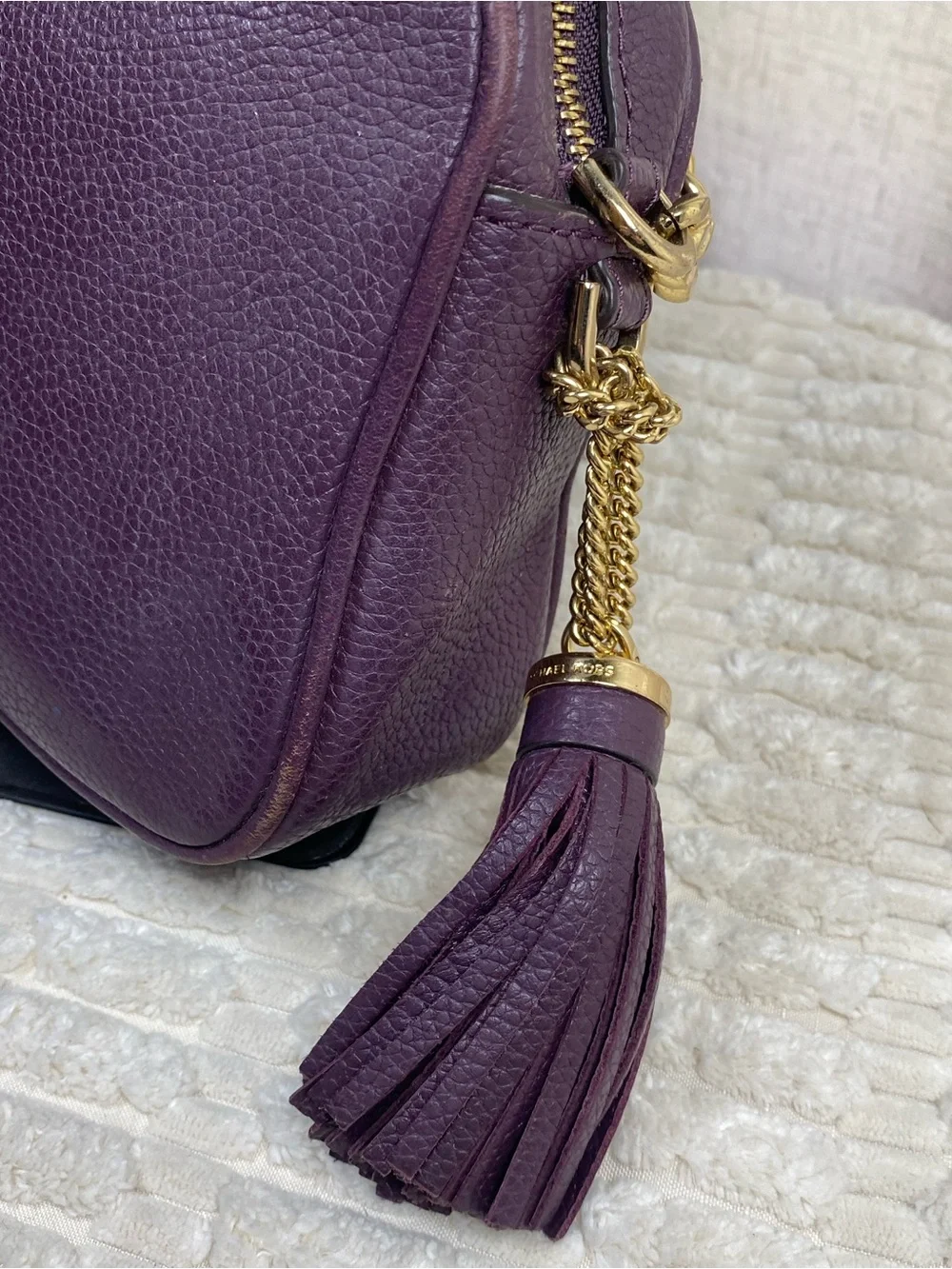 Michael Kors Ginny Camera Bag Plum Purple Pebbled Leather Crossbody Purse Tassel